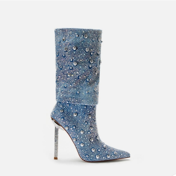 🆕 AZALEA WANG AKIRA Elegant Blue Rhinestone Heeled Boots - Picture 5 of 12